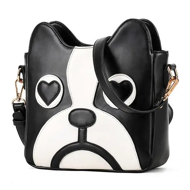 

Fashion new handbags High quality PU leather Women bag Black and white hit color Sweet girl printing Dog Shoulder Female bag