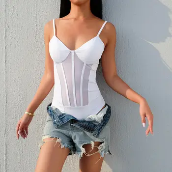 

Sexy Summer Woman White Striped Mesh Sheer Patchwork Bodysuit Female Spaghetti Strap V Neck Backless Bodycon Bodysuit Jumpsuit