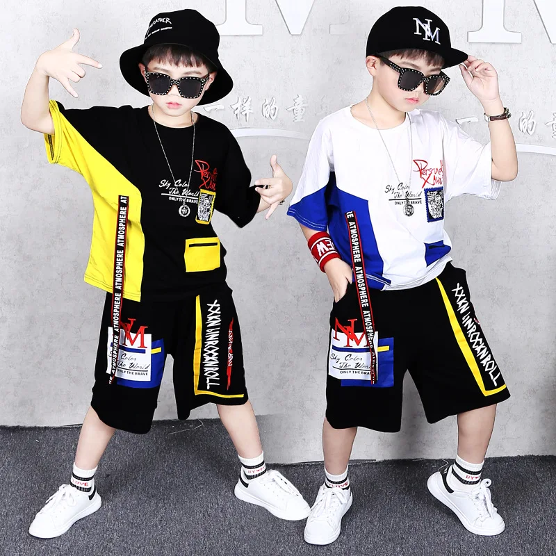 

Boys set 2019 new fashion letters children short-sleeved T-shirt street dance performance clothing boy two-piece