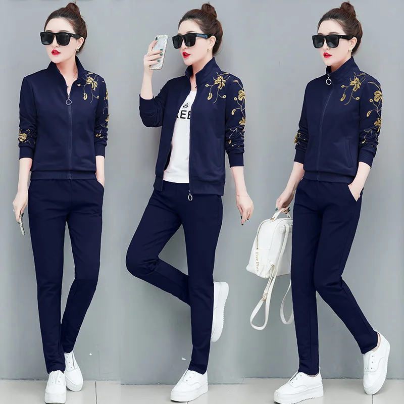 

3pcs spring women sportswear tracksuit embroidery zip up jacket running jogger exercise fitness workout casual set sport suit
