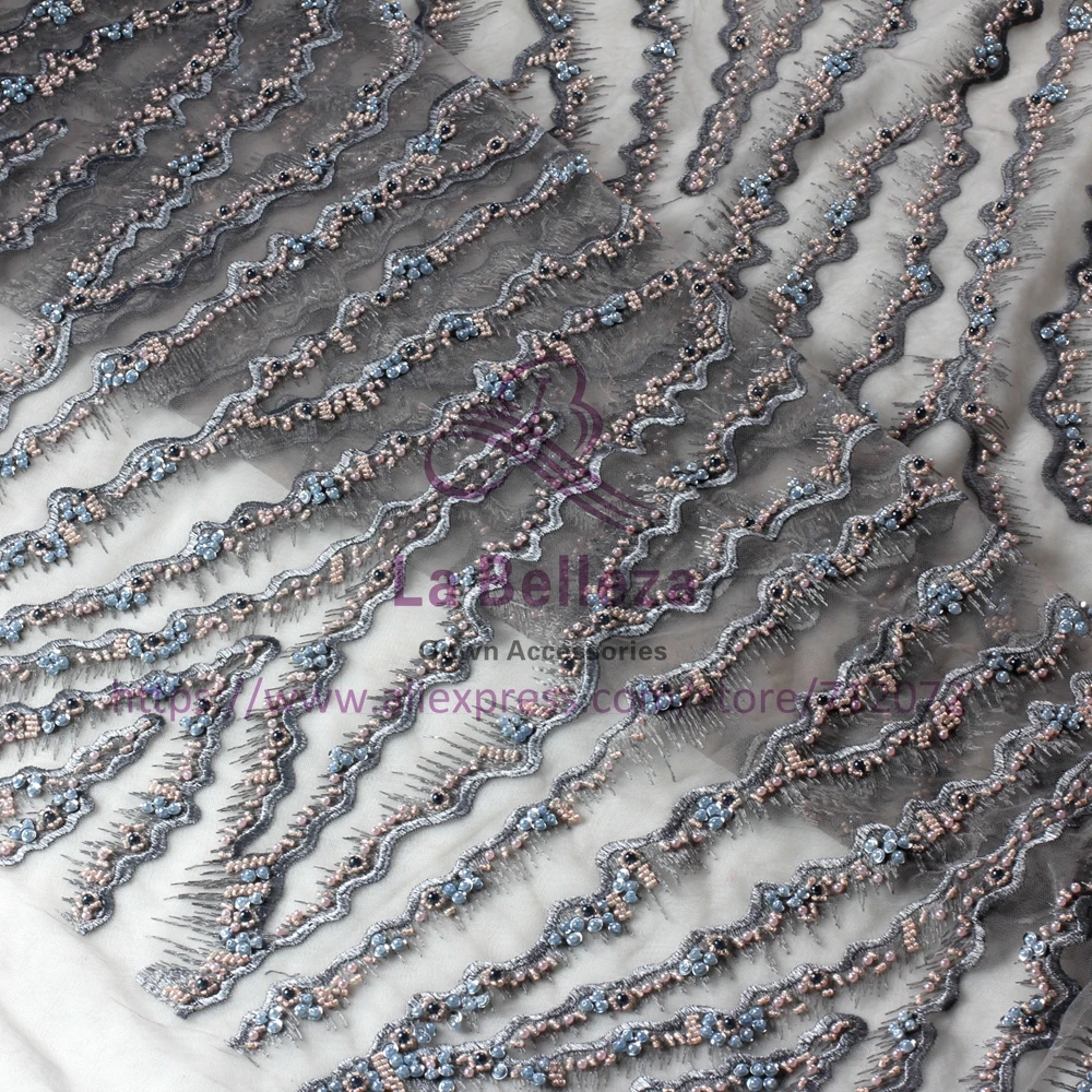 

La Belleza Новая Серая разноцветная кружевная ткань ручной работы, с бисером, ширина 49 дюймов, для eveining, кружевная ткань, 1 ярд