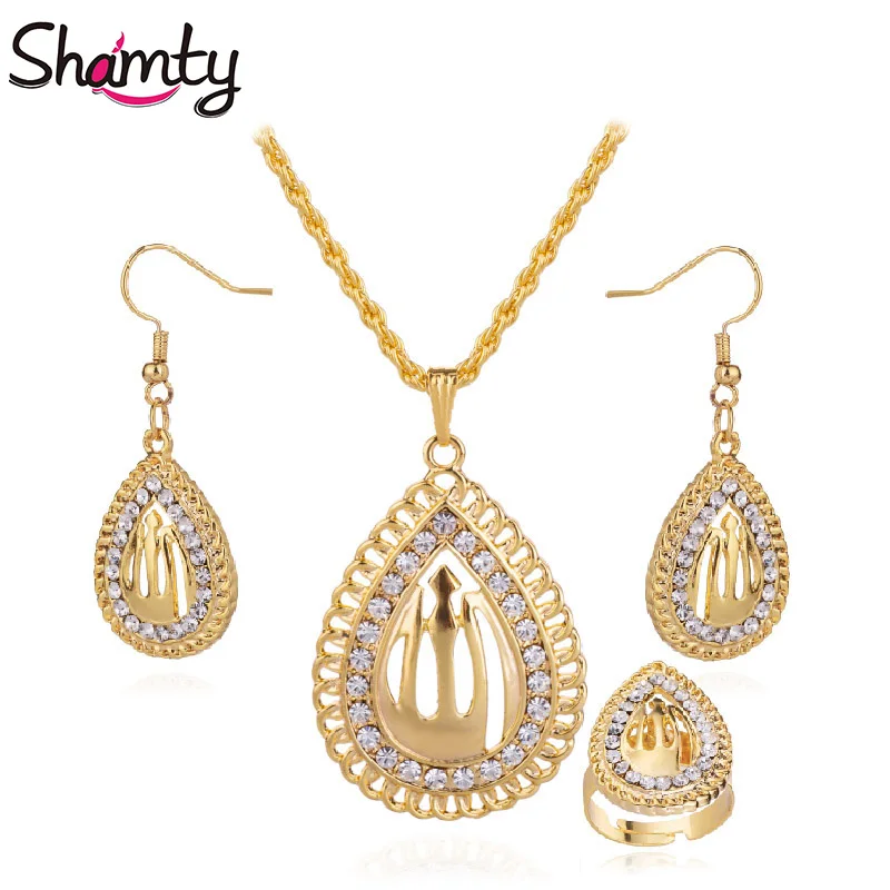 

Shamty Allah Sets Pendants Necklaces Earrings Ring Pure Gold Color Arab Muslim Islam Jewelry Heart Mohammed Women Girls A300053