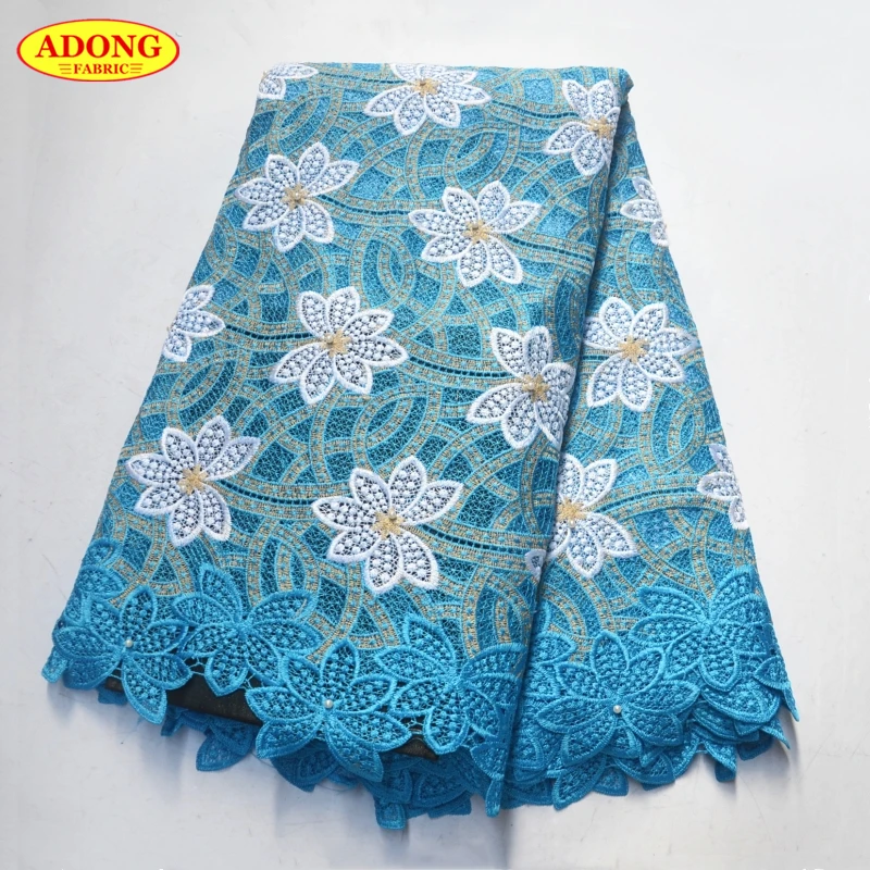 

Hot design African Water Soluble Lace Fabric Embroidery with Beads Cord lace fabric high quality 5 yards/pcs for Sewing dress
