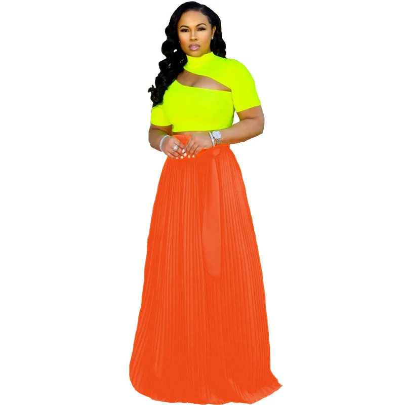 BKLD модные неоновые Цвет юбка Высокая Талия Шифоновая юбка для Для женщин летнее богемное длинное Плиссированное макси юбка зеленого цвета: оранжевый, розовый - Цвет: orange