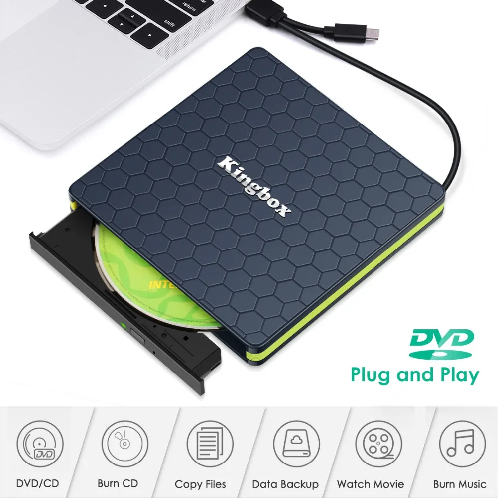 

Kingbox External DVD Drive Portable USB3.0 Type-C CD/DVD Rewriter Burner Drive for Laptop Desktop PC Computer Windows High Spee