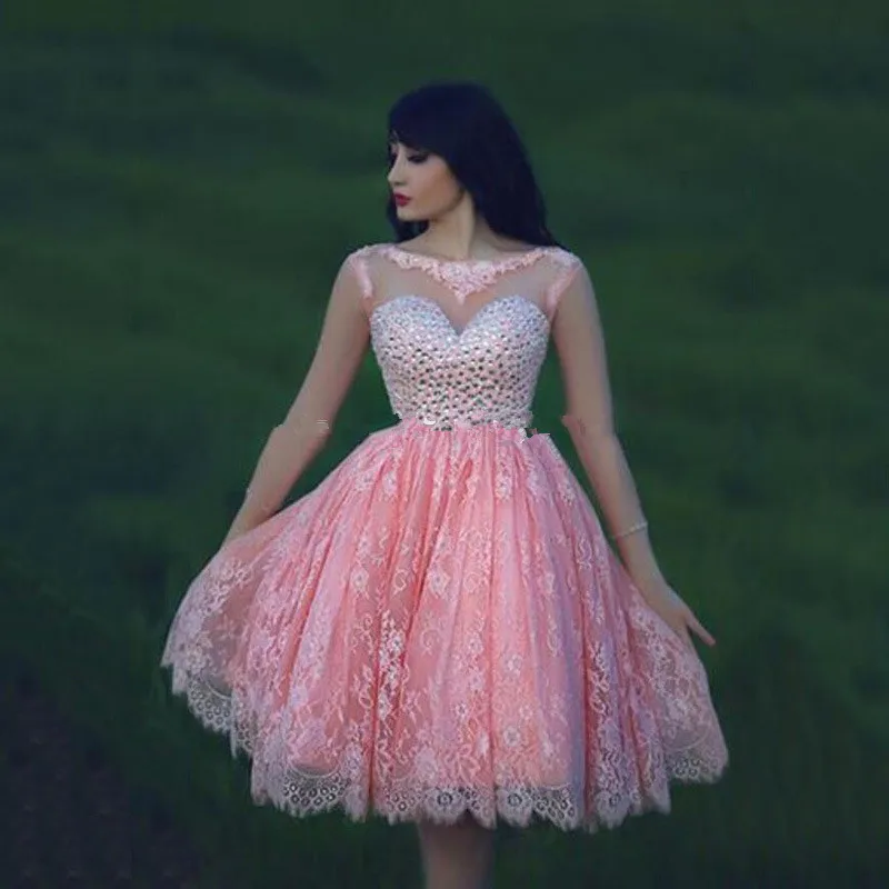 Hot Sale New Pink Sweetheart Long Sleeves Lace Appliques Cocktail