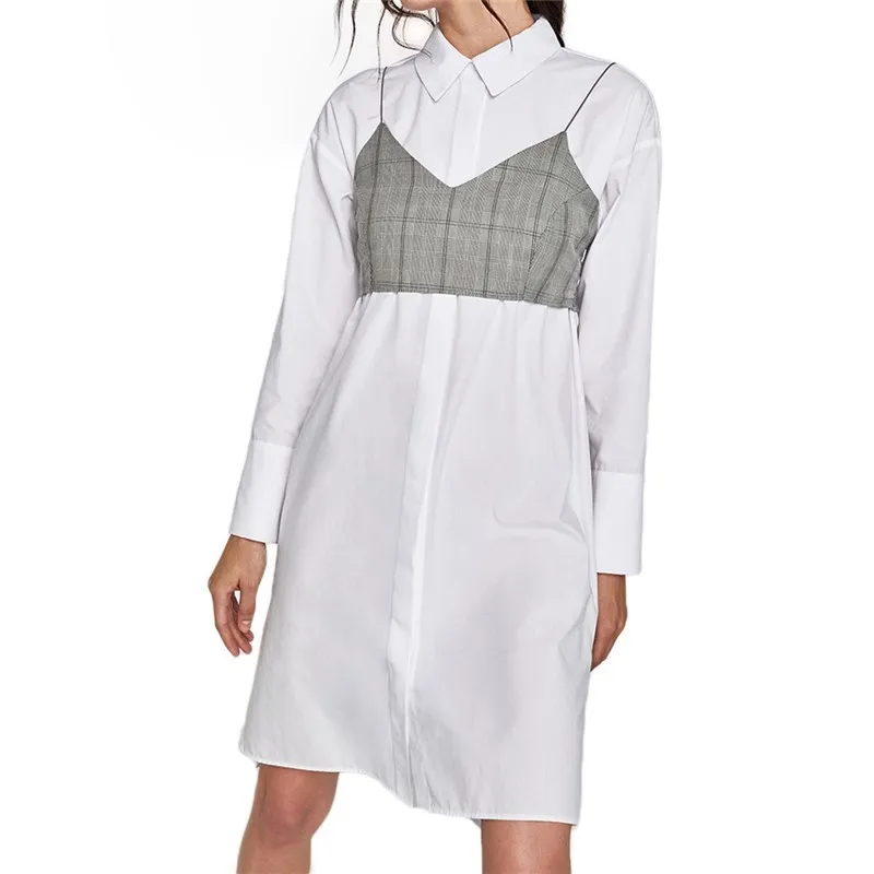

autumn western style fashion lady slim patchwork contrast color long sleeve SML XL XXL white woman Casual shirt style dress
