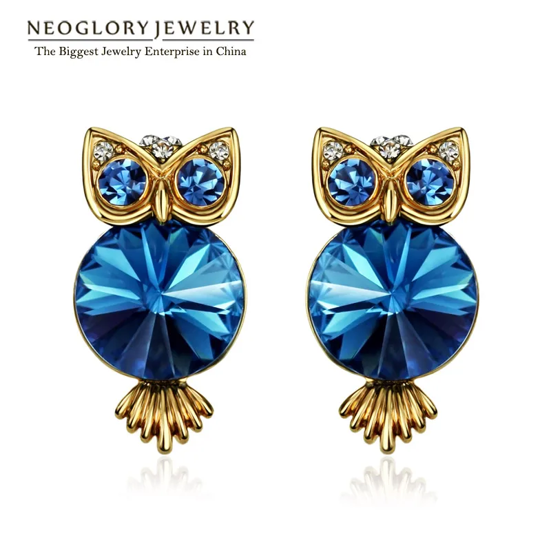 Neoglory, античный светильник, желтое золото, голубой кристалл, сова, серьги-гвоздики для женщин,, бренд, подарки