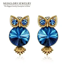 Neoglory, античный светильник, желтое золото, голубой кристалл, сова, серьги-гвоздики для женщин,, бренд, подарки