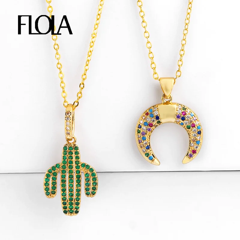 

FLOLA CZ Cactus Necklaces Pendants For Woman Colorful Cheap Pendant Crescent Moon Necklace Trendy Beach Necklace Chain nkep27