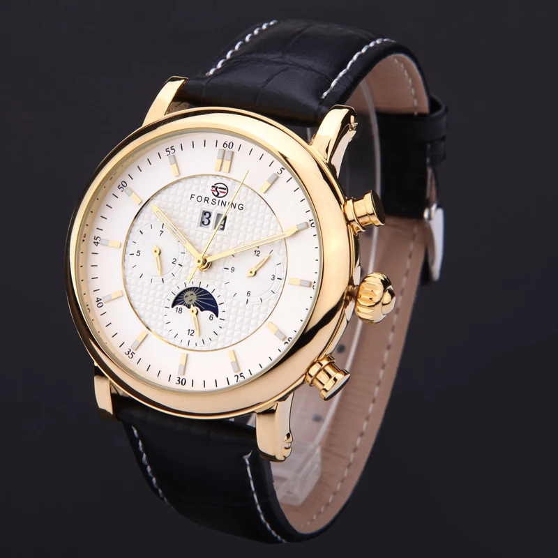 Forsining موضة الساعات الذكور حزام جلد الساعات عارضة الرجال السيارات الميكانيكية التسجيل المعصم relogio masculino