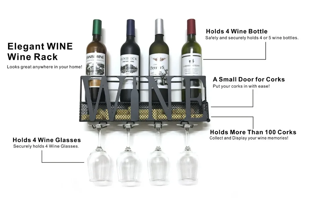 "Винный" дизайн настенный металлический винный подставка для шампанского с 4 длинными стволовыми стеклянными держателями и винной пробкой для хранения, стеллаж для хранения