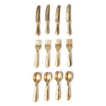

1/12 Doll House Miniature Stainless Steel Tableware Set 12 Items Gold