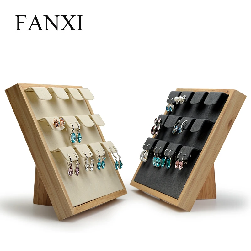 

FANXI Solid wood Earrings display stand ear stud display holder Rack with microfiber 12 Seats for jewelry Exhibition Showcase