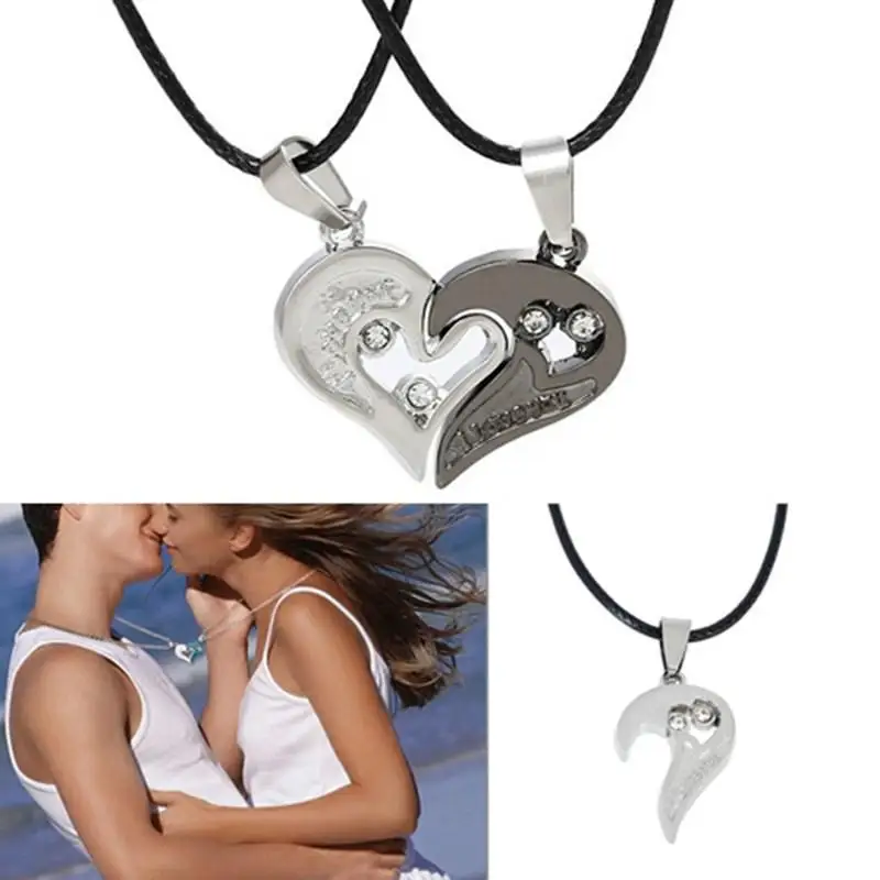 

2Pcs/set Double Heart Stainless Steel Pendant Necklace Men Women Lover Couple Necklace set PU Chain