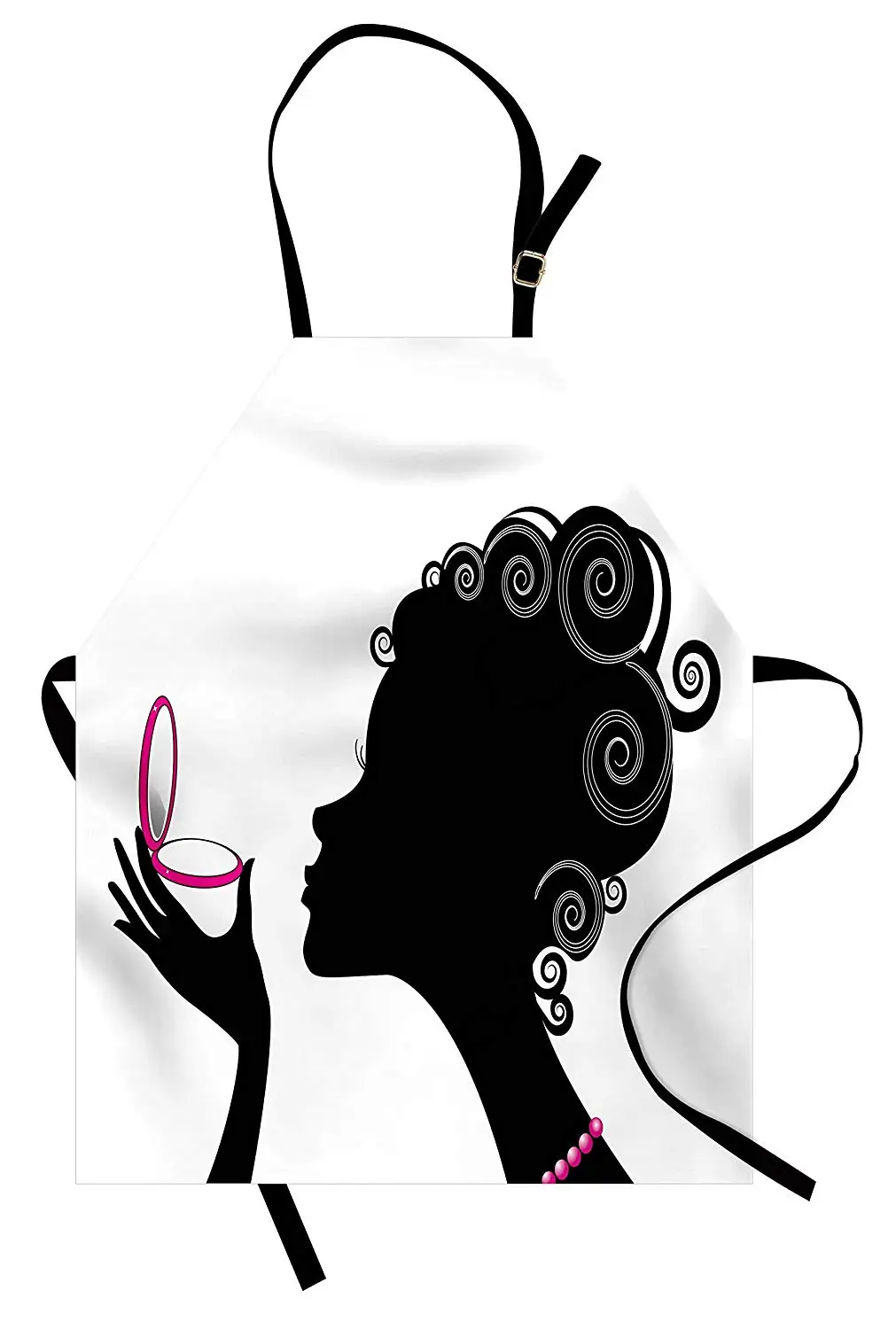

Makeup Apron Silhouette of a Woman Portrait with Powder Compact Swirled Hair Pattern Kitchen Bib Apron Cooking Baking Gardening