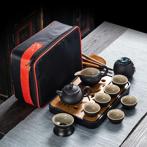 Chinese Style Ceramics Black Kung Fu Tea Set Suit One Teapot and Six Cups Carrying Case Travel Tea Set - Цвет: A