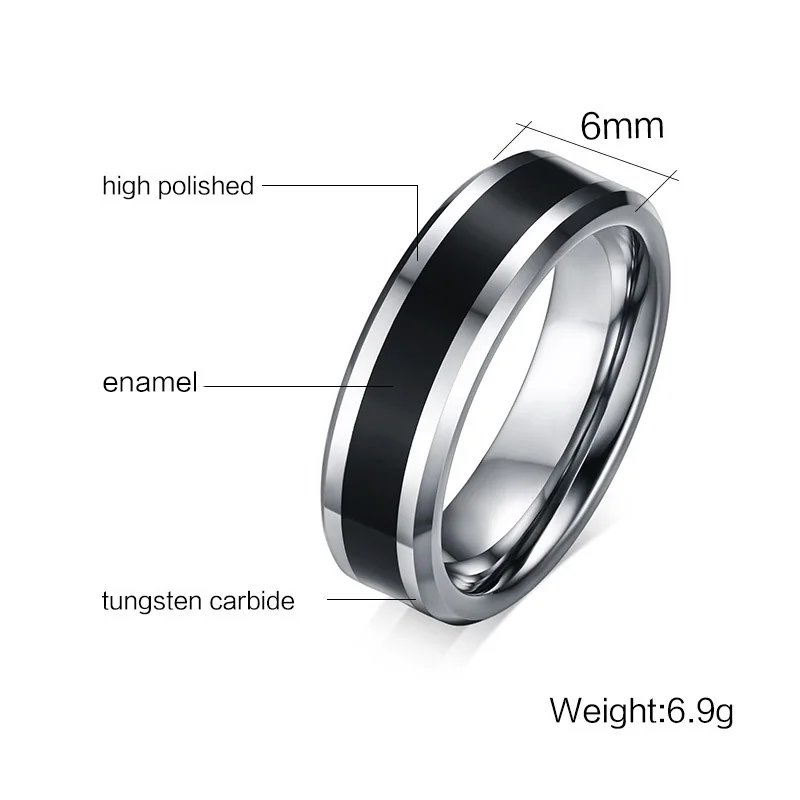 Для Мужчин's Вольфрам обручальные кольца тонкая черная линия Обручение кольцо США Мужской Ювелирные изделия 6 мм широкий