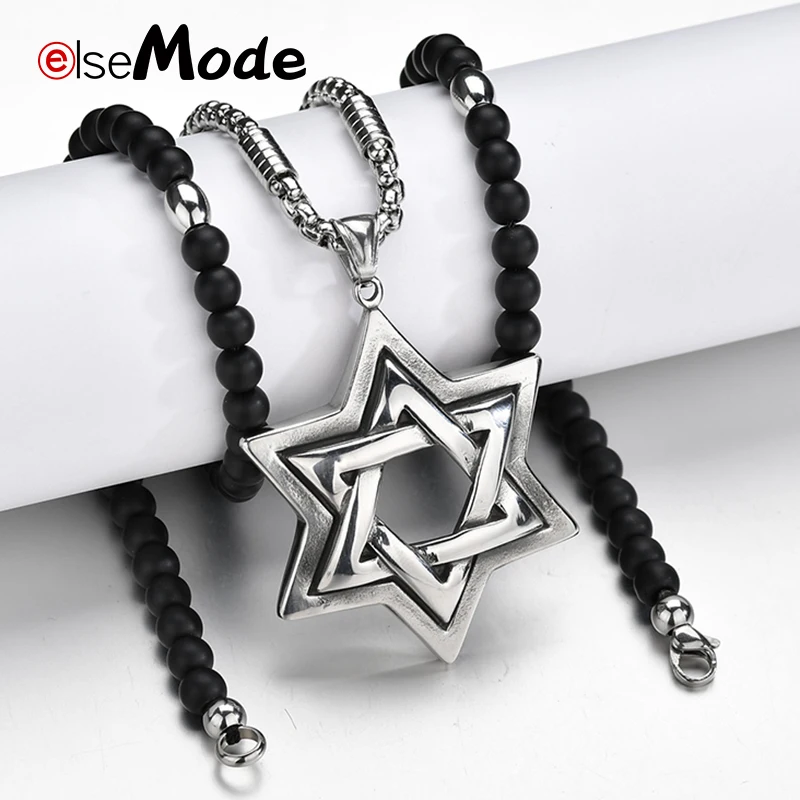 

ELSEMODE Retro Star of David Hexagram Pendant Nescklaces Stainless Steel Black Bead Necklace Biker Casting Viking Men Jewelry