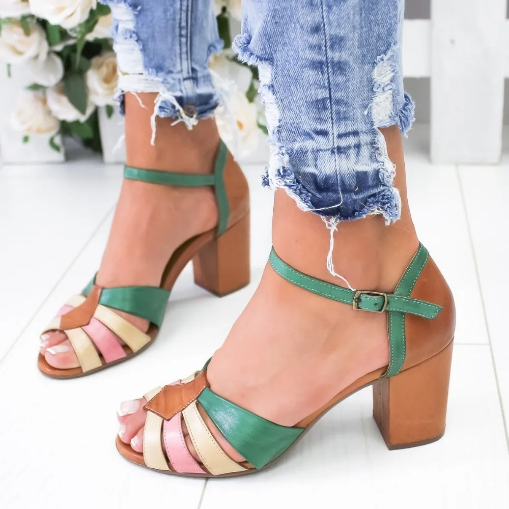 Женские босоножки с ремешком на лодыжке Разноцветные Летние туфли женские Босоножки с открытым носком на высоком массивном каблуке для вечеринок sandalias mujer - Цвет: Бежевый