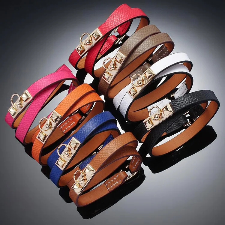 

2019 New Fashion Luxury stainless steel charms Genuine leather wrap Men Women spike bracelet party wedding jewelry