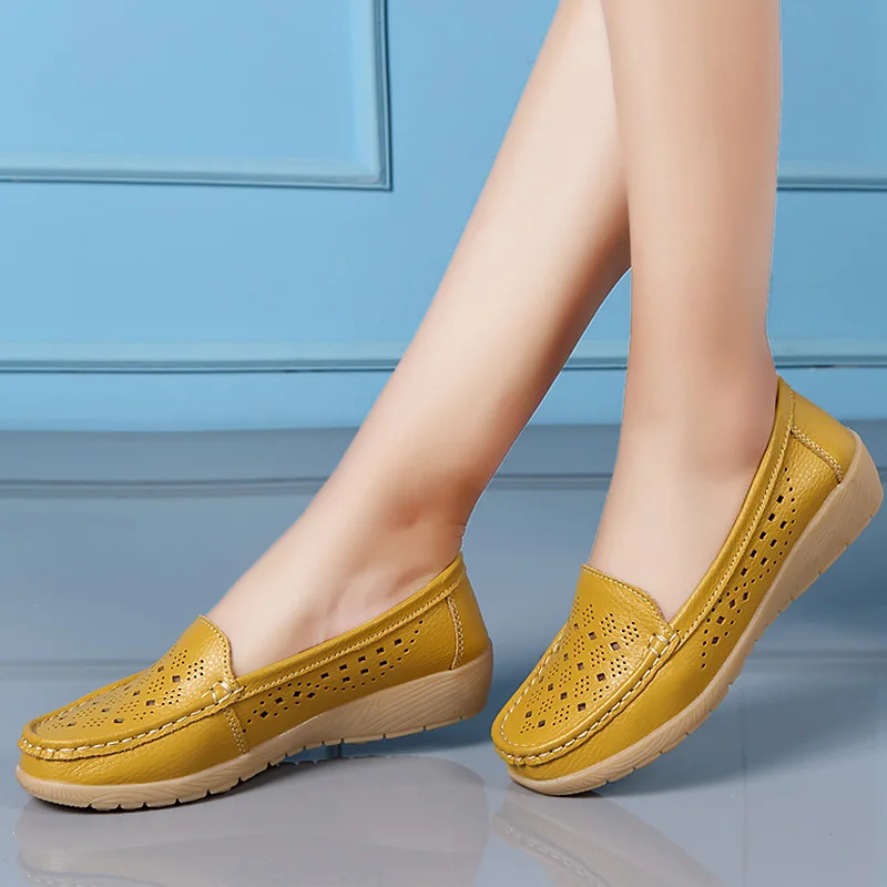 

Summer 2019 Genuine Leather Shoes Women Flats Casual Round Toe Breathable Ladies Shoes Shallow Womens Shoes scarpe donna