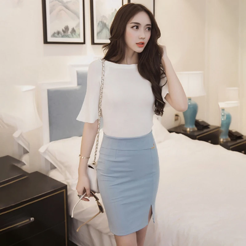 light blue Женские юбки, летние, большие размеры, офисные, мини юбки-карандаш, женская сексуальная, с разрезом, посылка, высокая талия, юбка, Jupe Femme Faldas Mujer - Цвет: light blue
