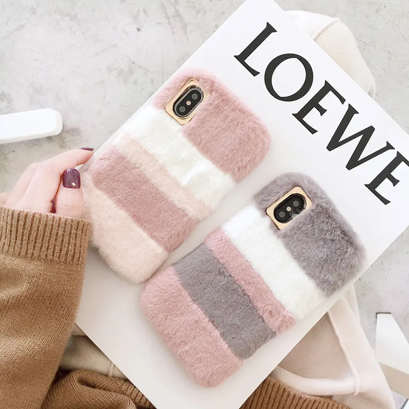 Splice Plush Phone Case For iPhone X XR XS Max Fluff Winter Cover 8 7 6S 6 Plus Cute Fashion Soft TPU Warm Cases | Мобильные