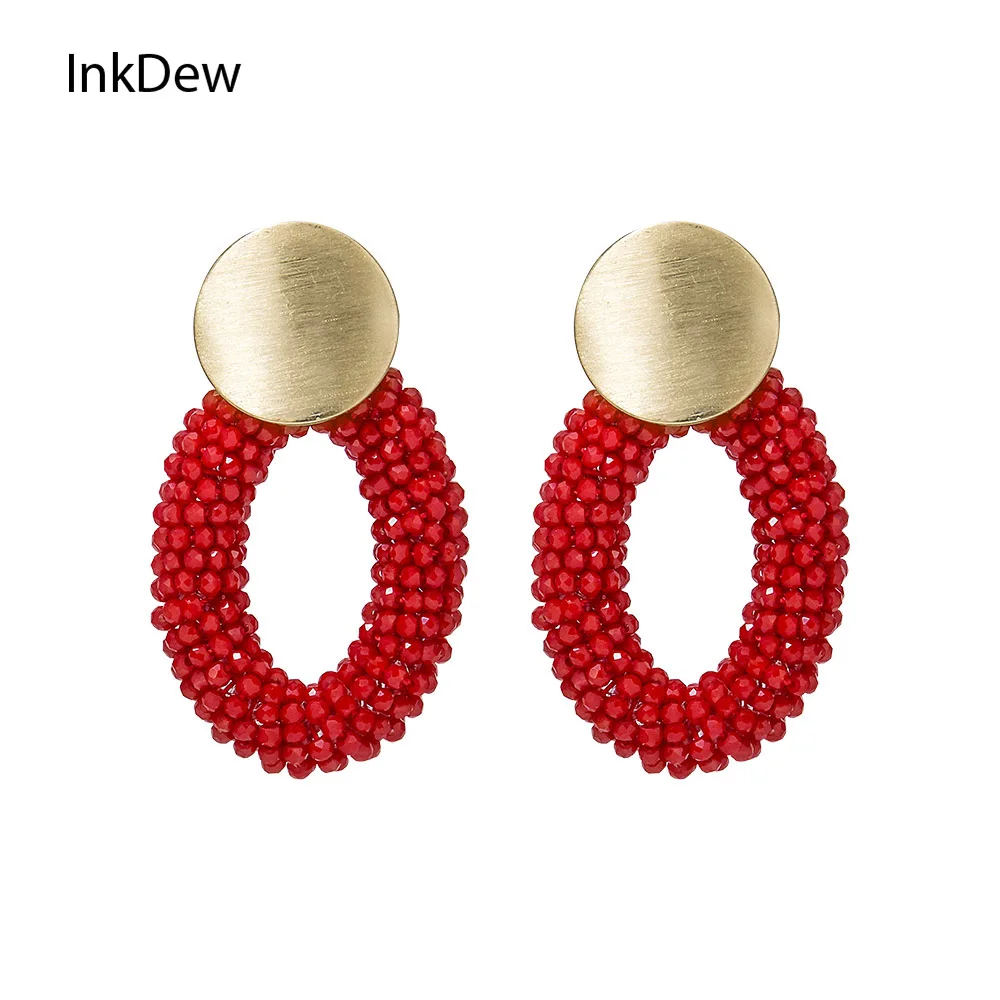 

INKDEW Oval Shape Handmade Crystal Beads Drop Earrings For Women Big Long Earrings Gold Color Metal Ear Piece Fashion Jewelry