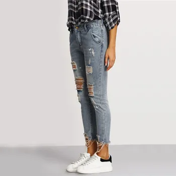 

2019 Women Vintage Deep Blue Hole Washed Bleached Boyfriend Ripped Jeans Mid Summer High Waist Straight Denim Pants