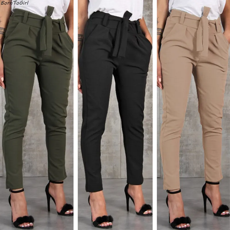 BornToGirl Casual Slim Chiffon Thin Pants For Women High Waist Black Khaki Green Pants Woman Trousers