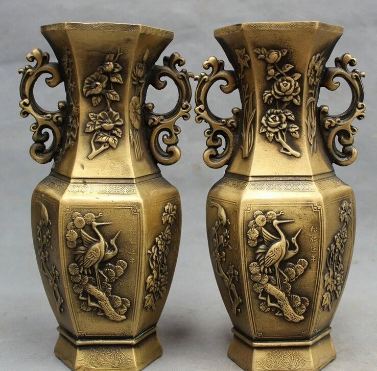 

659++10" Eximious Chinese Bronze Buddhist Bird Crane Pine Tree Statue Pot Vase Pair