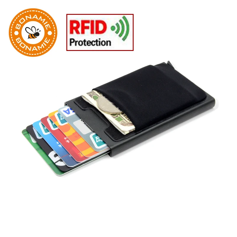 BONAMIE Лидер продаж! Кредитные держатель для карт случае алюминиевый кошелёк с эластичностью задний карман RFID тонкий металлический кошелек