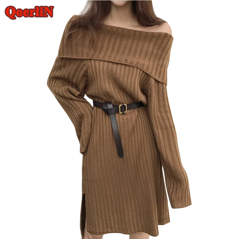 

QoerliN Women Knitted Dress Autumn Winter Sexy Slash Neck Side Split Textured Casual Long Dresses Female Vintage Vestidos Mujer