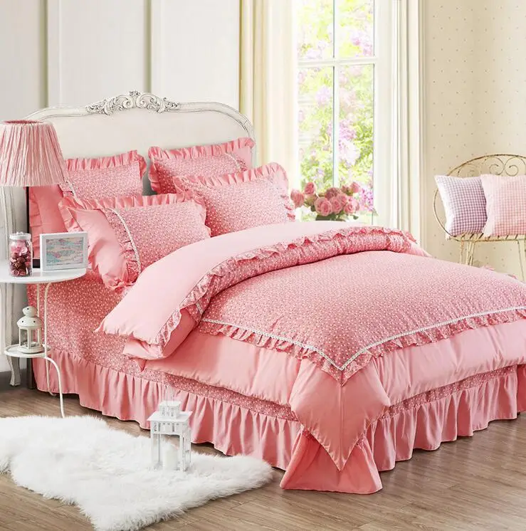 3/4pcs 100 Cotton girls pink princess bedding set lace flower print