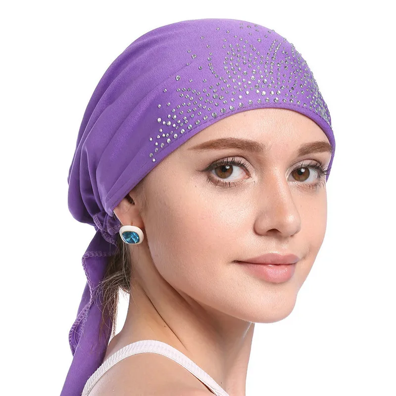 Fashion Women Headscarf Hat Thin Summer Muslim Inner Caps Solid Diamond Turban Bonnet Hijab India Head Wrap Hats For Ladies - Цвет: 5