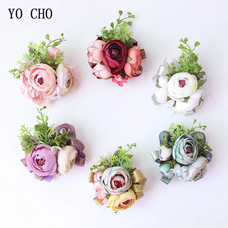 

YO CHO Wrist Corsage Silk Roses Marriage Flowers Pink Cuff Bracelets Bridesmaid Groom Wedding Corsages and Boutonnieres Flowers