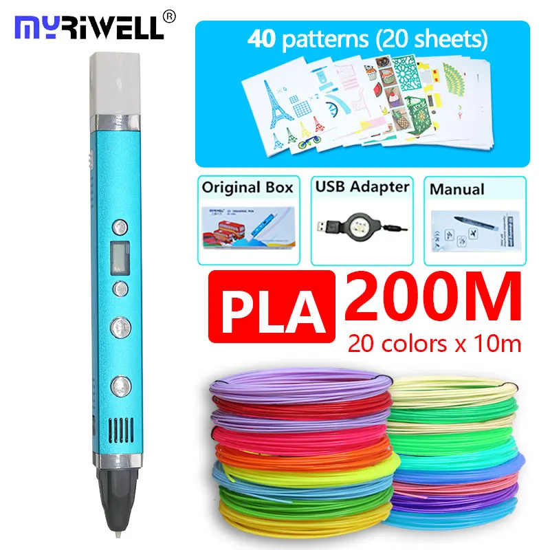 Myriwell 3d Ручка RP100C, ABS/PLA/PCL 3 режима, с PLA нитью и бесплатным рисунком лучший подарок для детей подарок на день рождения - Цвет: blue add pattern