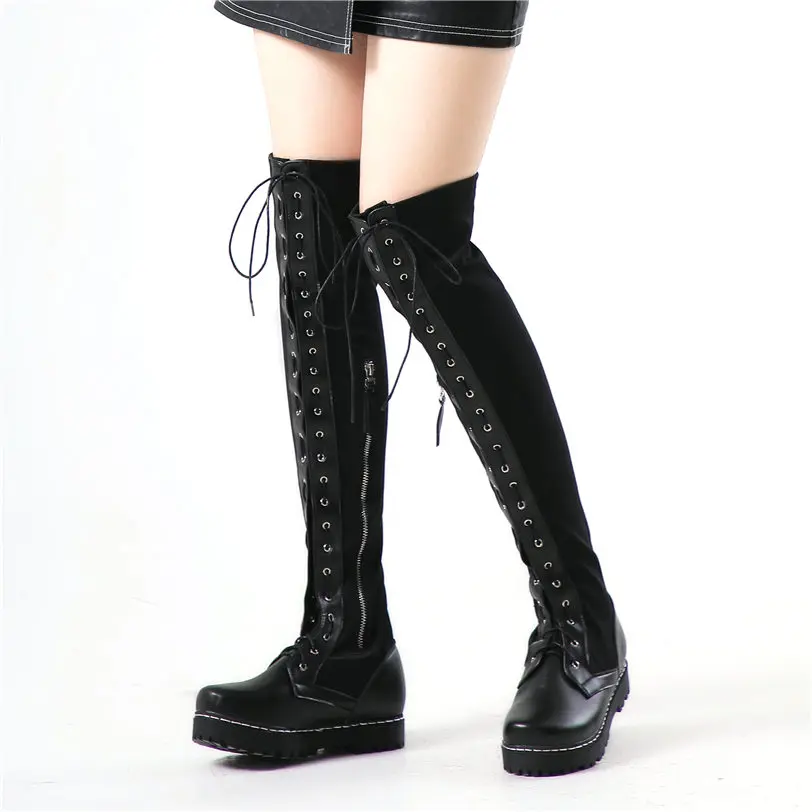Lace Up Straps Creepers Womens Black Stretch Over The Knee High Boots