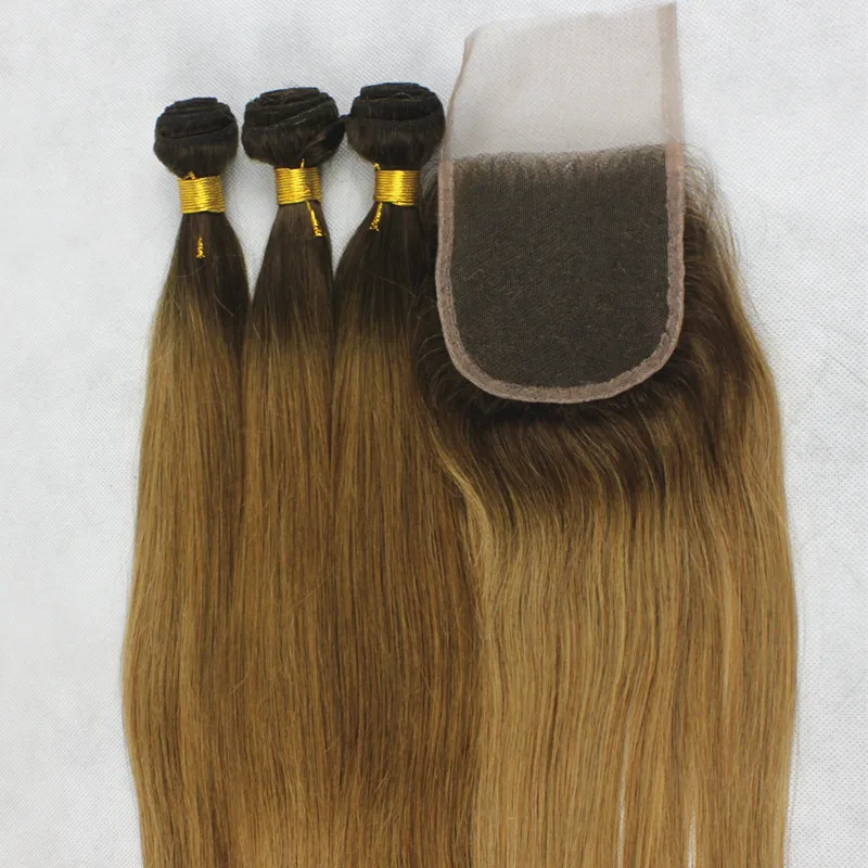 Dark Root Honey Blonde Two Tone Ombre Straight 7A Brazilian Human Virgin Hair Weft 3pcs With Lace Top Closure Weave Bundles Set