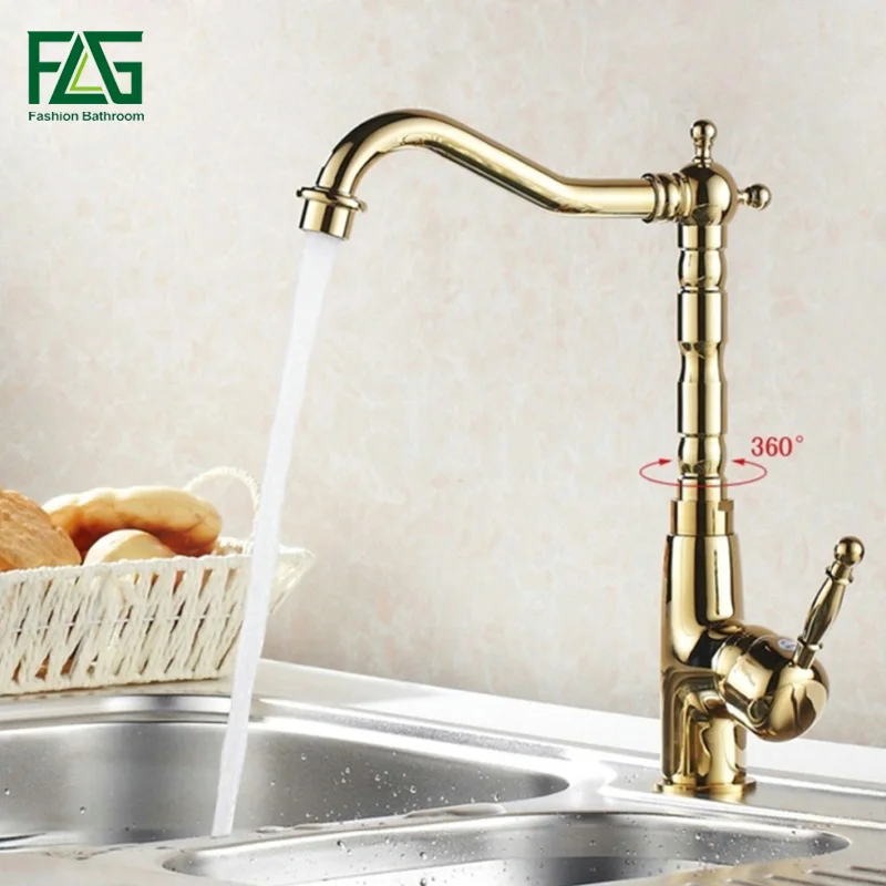 

FLG Gold Kitchen Faucet Deck Mounted Cold and Hot Water Faucet 360 Degree Swivel Kitchen Sink Mixer Taps 1005