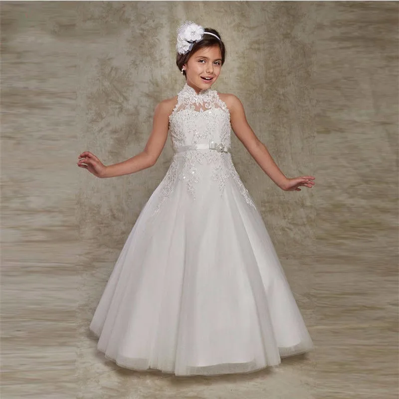 

Hot Sale White Puffy Flower Girl Dresses for Girls vestido longo Beaded Applique First Communion Dresses