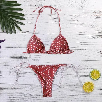 

2019 Fashion Women Printed Bandage Two Side Red Striped Two Pieces Swimwear Swimsuits Beachwear L410A