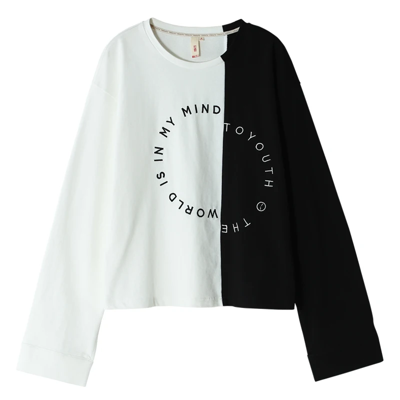 Toyouth negro blanco contraste Color Mujer otoño letra Irregular Camiseta de manga larga para las mujeres o-cuello Camisetas Mujer Toyouth negro blanco contraste Color Mujer otoño letra Irregular Camiseta de manga larga para las mujeres o-cuello Camisetas Mujer