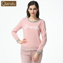 Осенняя Женская Повседневная Пижама в полоску, комплект Женский o-образный вырез, воротник, длинный рукав, футболка+ штаны, Женский мягкий хлопковый Пижамный костюм