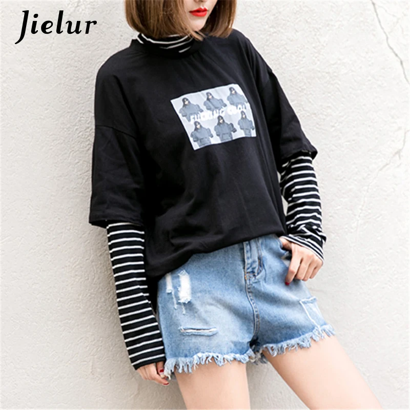 Jielur Корейский мультфильм буквенный принт Женский свитшот полосатый фальшивый из