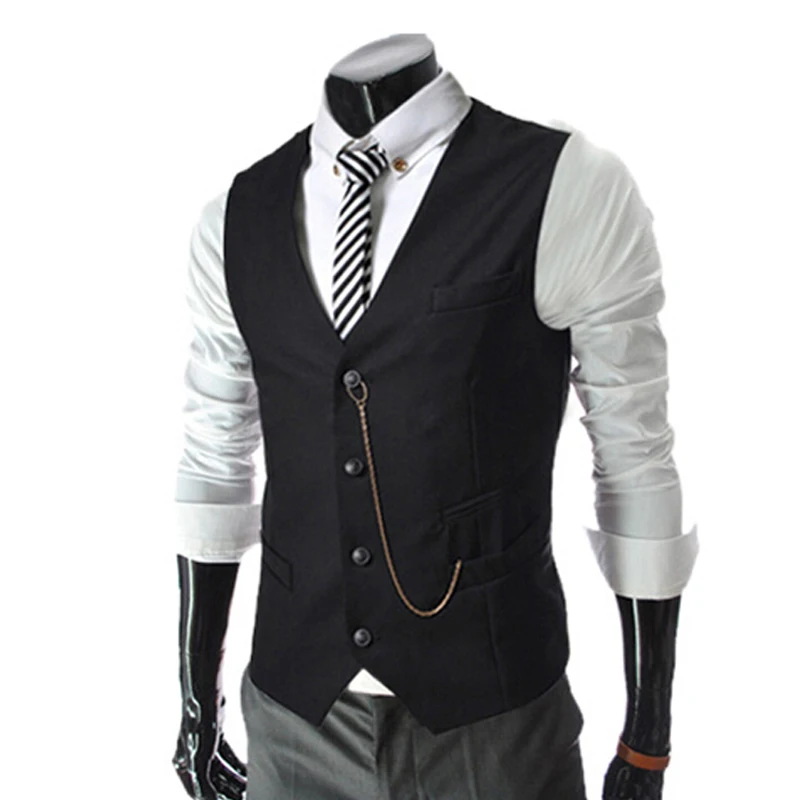 2018 Hot New Business Men's Suit Vest Metal Chain V necke Slim Fit