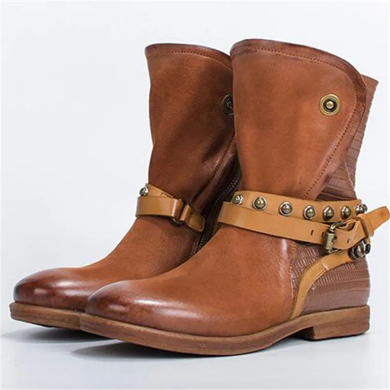 Nieve Remaches Negro Mujeres Cuero Auténtico gris Militar Hebilla Botines marrón 2017 Mabaiwa Botas Zapatos Pisos Moda wxSz8xUq