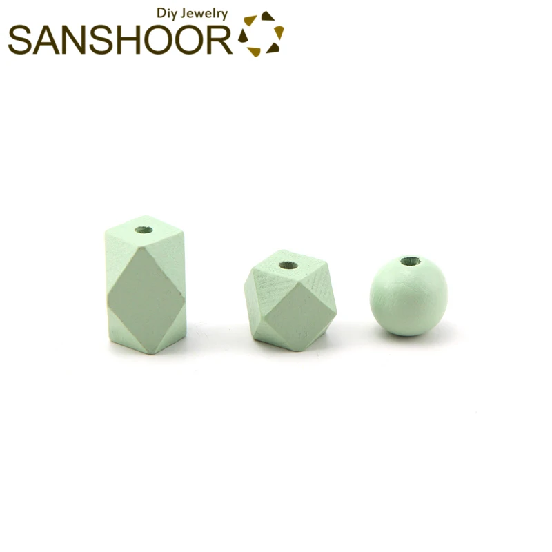SANSHOOR, смешанные 3 вида конструкций, яркие деревянные бусины, включая длинный Шестигранник, 15 мм, геометрические, Круглые, подходят, сделай сам, для женщин, ожерелье, серьги, 33 шт - Цвет: Light Green 8
