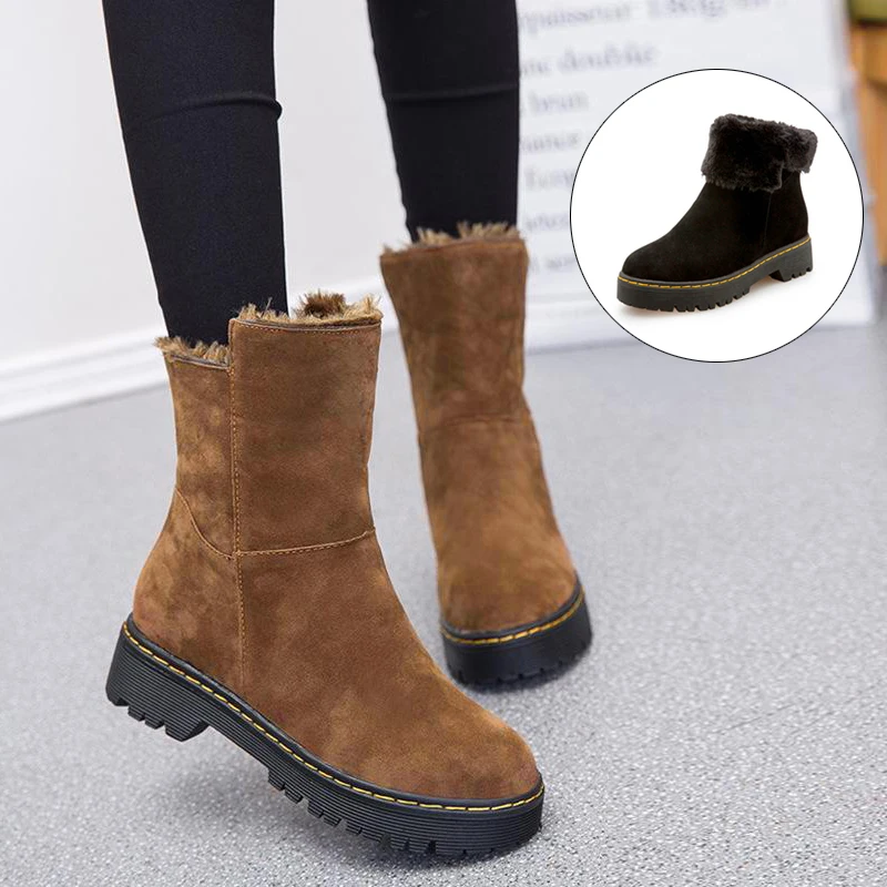 Winter Women Solid Ankle Boots Round Toe Med Flat Heel Plush Warm ...